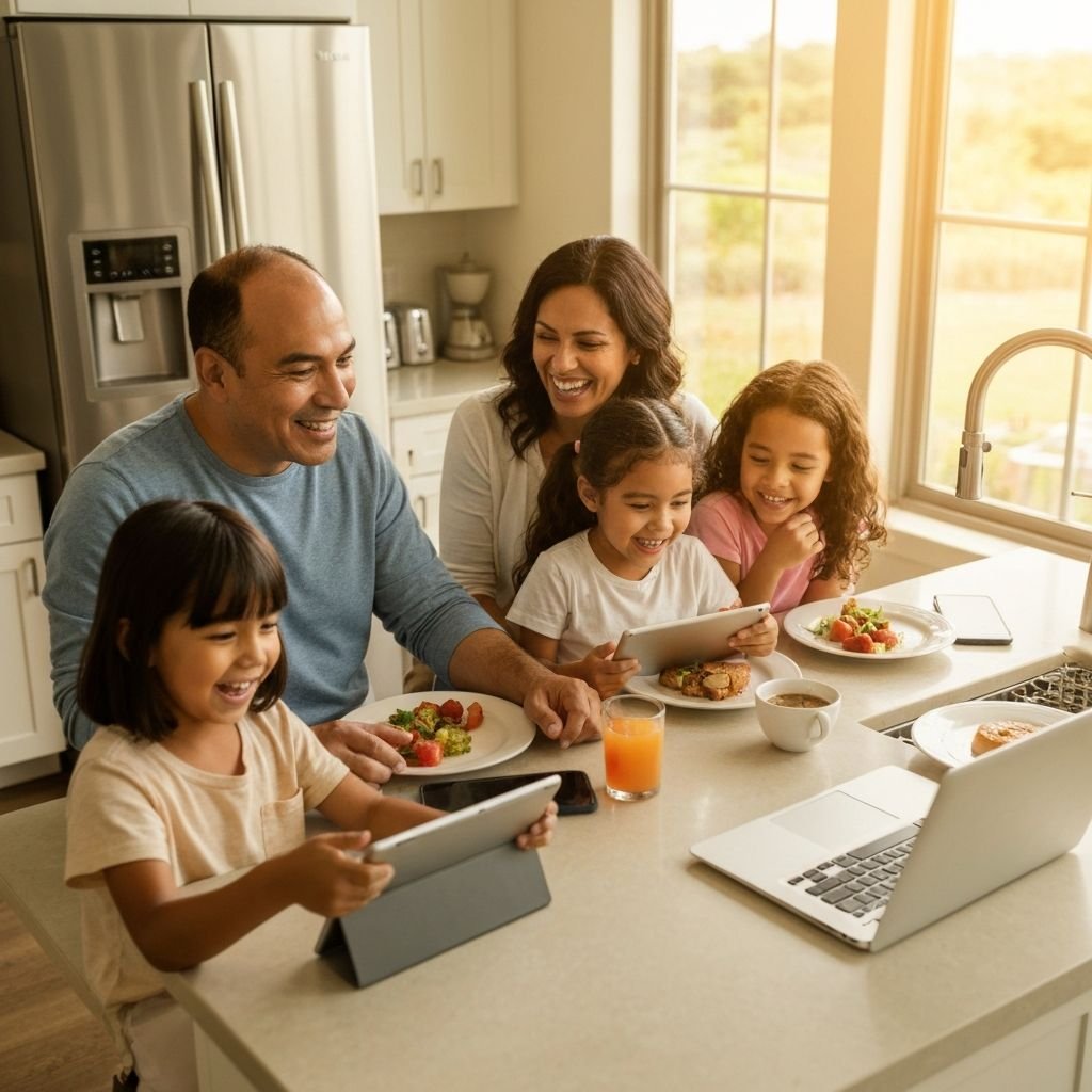 A happy family of four seated together on a living room couch, streaming video and browsing the internet on laptops and tablets, representing the seamless whole-home connectivity delivered by Frontier Fiber high-speed internet with symmetrical upload and download speeds, no data caps, and a free Wi-Fi 6 router included with every plan.
